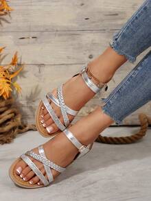 Handwoven Rhinestone Strap Comfortable Flat Sandals For Women, Outdoor Trade,Spring Summer Outfits - Silver - View 4