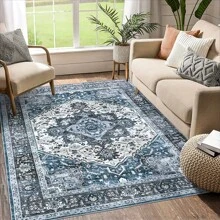 1 pieza Alfombra de área floral vintage azul, alfombra para sala de estar, alfombra para dormitorio, alfombra de oficina, de género neutro, bohemia, de granja, alfombra decorativa, decoración de dormitorio, alfombra pequeña, alfombra, decoración del hogar, alfombra para sala de estar, alfombra pequeña para sala de estar, alfombra para dormitorio, decoración del hogar para sala de estar, alfombra para exteriores, alfombra lavable
