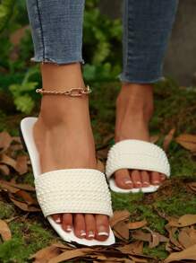 Plus Size Women's White Flat Faux Pearl Decorated Sandals With 5 Sizes Of Gradient Faux Pearl, Comfortable, Casual, Non-Slip, Size 35-43 Valentines