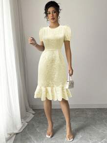 Abito elegante da donna con stampa floreale e tessuto lavorato, adatto per serate, matrimoni, ufficio, casual, stagione estiva