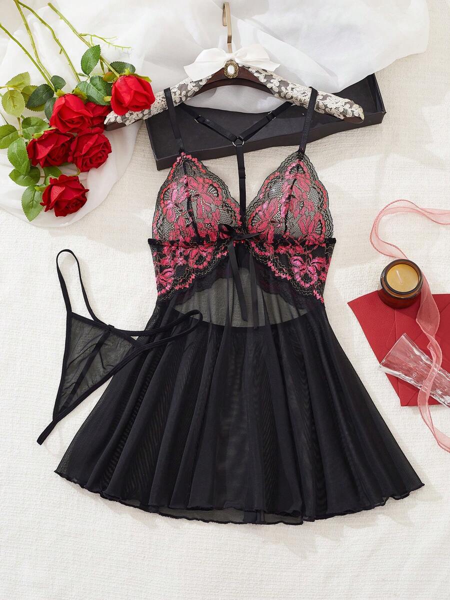 Ladies Sexy Lace Contrast Mesh Nightgown
