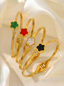 1 pieza Pulsera brazalete con baño de oro de 18K de acero inoxidable en forma de trébol, conjunto de joyas de moda impermeables adecuadas para uso diario, regalo