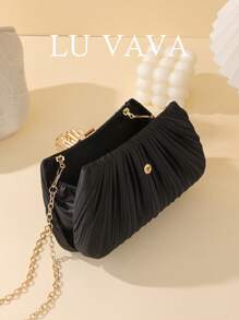 LU VAVA Black Pleated Bride Clutch: Gold Clamshell Lock & Detachable Chain - Formal Evening Essential,BridalPartyClutch,GoldAccentBag,DesignerEveningBag,LuxuryPleatedClutch,WeddingGuestStyle