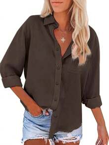 Womens Summer Linen Shirts Casual Button Down 2025 Long Sleeve Cotton Top Blouse Shirt With Pocket - Blue - View 5