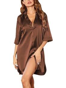 Women's Satin Nightshirt Button Down Sleepshirt Silk 3/4 Sleeve Nightgown Boyfriend Notch Collar Sleepwear S-3XL - Clay - 查看 1