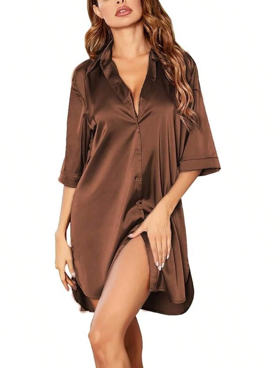 Women's Satin Nightshirt Button Down Sleepshirt Silk 3/4 Sleeve Nightgown Boyfriend Notch Collar Sleepwear S-3XL - Clay - 查看 1