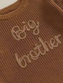 Toddler Baby Girl Boy Long Sleeve Knit Sweater Brothers Letter Embroidery Round Neck Pullover Fall Winter Tops - Màu nâu  Mocha - Xem 6