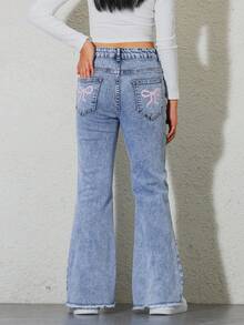 8-12 Years Old Fashionable Y2K Style Elastic Slim Fit Printed Bow Denim Horn Pants