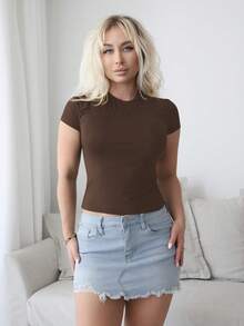 Vaiaye Women's Casual Solid Color Short Sleeve Christmas T-Shirt - Brown - View 2