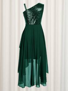 Women Prom Dresses Sequin One Shoulder Wrap Sleeveless High Waist A Line Midi Dress High Low Party Dress