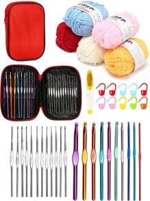 EDCUEBE7 Kit de démarrage de crochet pour débutants, crochets de tailles A-1, A, B, C, 24/15/10/5 couleurs 25g de fil, pour le crochetage, crochets ergonomiques convenant aux débutants, aux adultes et en cadeau (accessoires de couleur aléatoire)