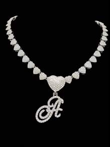 1pc Women's Letter Pendant Necklace With 20-Inch Fully Diamond Heart Necklace, Fashionable Retro Hip Hop Pendant Necklace, Elegant Valentine's Day Gift Suitable For Women And Girls For Daily Wear Or Parties