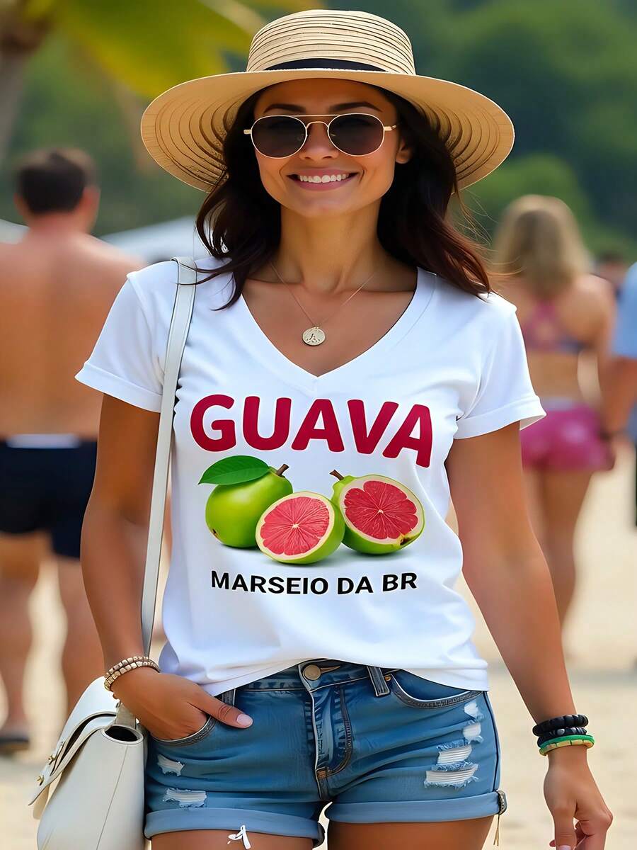 Camiseta Mujer 180g Blanca de Algodón con Cuello Redondo y Manga Corta, Estampado de Frutas GUAVA MARSEIO DA BR, T-Shirt Casual de Verano Ideal para Playa o Calle, Ropa Femenina Moderna y Cómoda. - Blanco - Ver 1