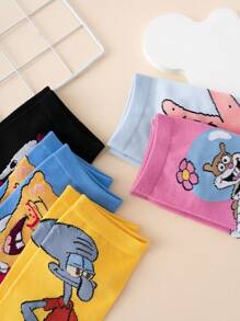 SPONGEBOB 5 Pairs Cartoon Spongebob & Octopus Pattern Jacquard Breathable Soft Casual Short Socks, Comfortable , Suitable For All Seasons, US/European Sizes