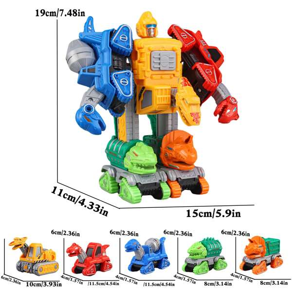 5-in-1 Verwandelndes Dinosaurier Roboter Spielzeug, Trägheitsangetriebenes Konstruktionsfahrzeug Spielzeugset - Lastwagen, Feuerwehrauto, Bagger, Bulldozer Spielzeug, Lerngeschenke für Jungen