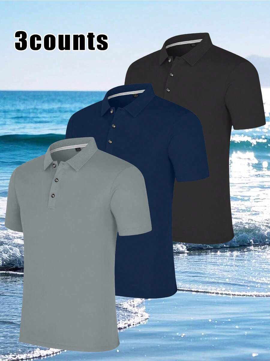 3pcs Men Sports Polo Shirts, Fashion Ribbed Collar Solid Color Versatile Short Sleeve Multi Pack - Multicolor - View 1