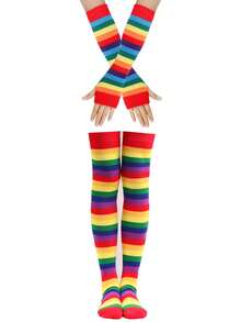 1 Set Knitted Rainbow Striped Leg Warmers & Gloves Set, Fashionable Creative Style, Skin-Friendly & Soft, Fits Teens & Women, Suitable For All Seasons - Multicolor - View 8