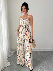 女士优雅花卉印花无袖阔腿连体裤，深 V 领，休闲通勤度假海滩装，春夏新款女装 - 彩色 - 查看 3