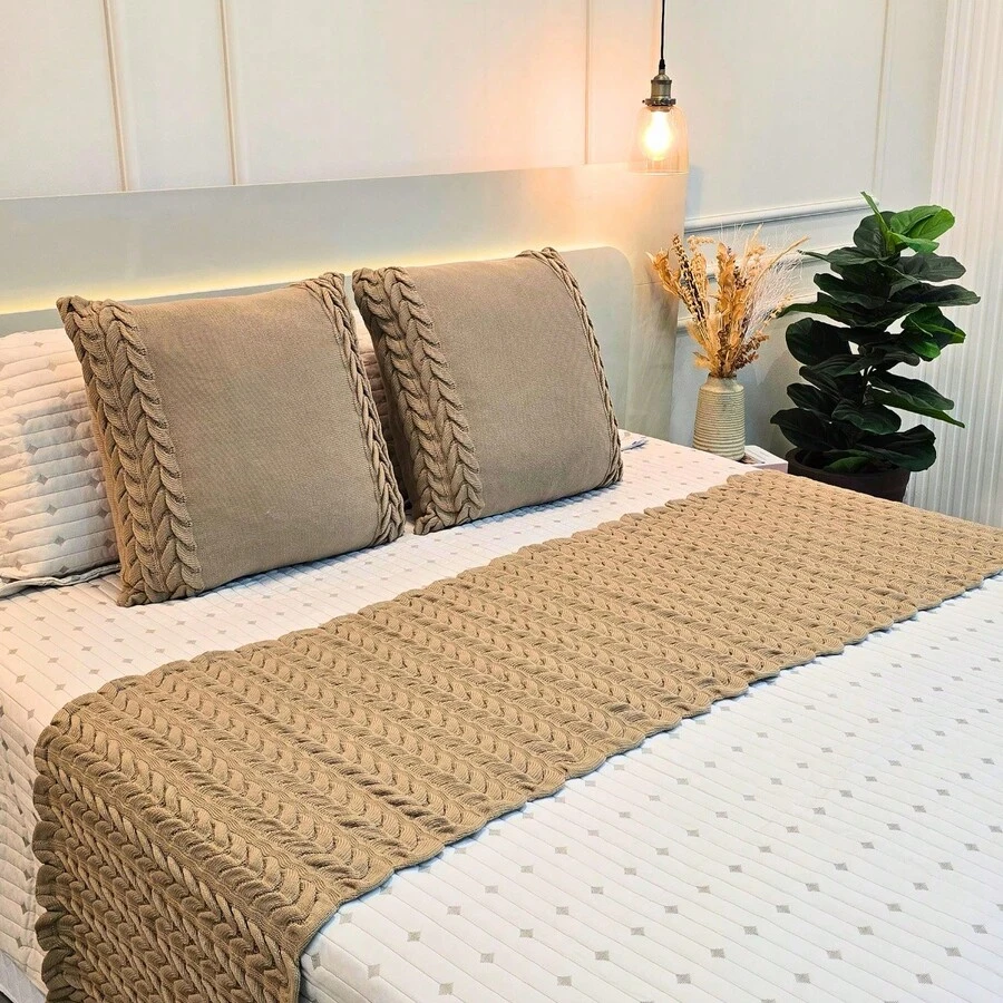Knitted Blanket Footboard Kit For Queen King Sofa Bed Cozy Home Decor + 2 Cushion Covers - Khaki - View 1