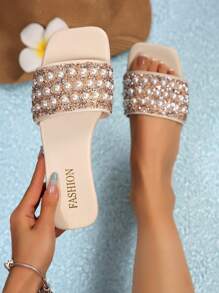 Nuevos Chanclas/Zuecos de talla grande 2025 con punta cuadrada, sin deslizamiento, con aplicaciones de cristales y perlas, versátiles para la playa/resort