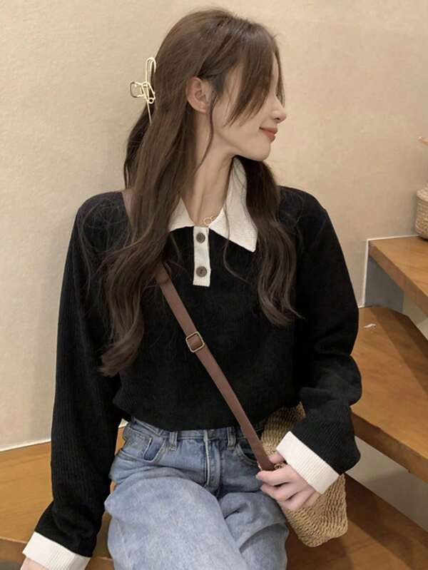 Women's Contrast Color Polo Neck Long Sleeve Shirt, Spring/Autumn