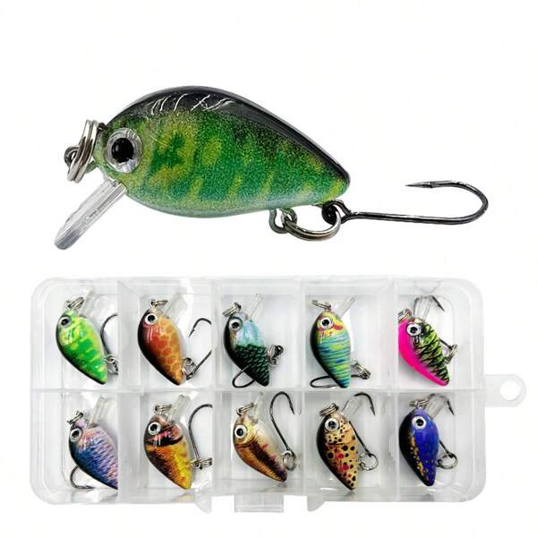 10 piezas/caja Juego de señuelos de pesca tipo crankbait mini, señuelos duros tipo swimbait, señuelos tipo minnow y wobble crank para pesca de lubina y trucha