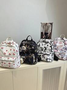 1pc Back To School Backpacks, Fashionable, Casual, Cute Butterfly, Flower, Cherry Printed Backpacks, Large Capacity, Adjustable Shoulder Straps, Suitable For Work, Commuting, Work, Shopping, School, Vacation, Outdoor Leisure, Travel, Shopping And Other Daily Use, Birthday Gifts For Friends. - Backpack - View 2