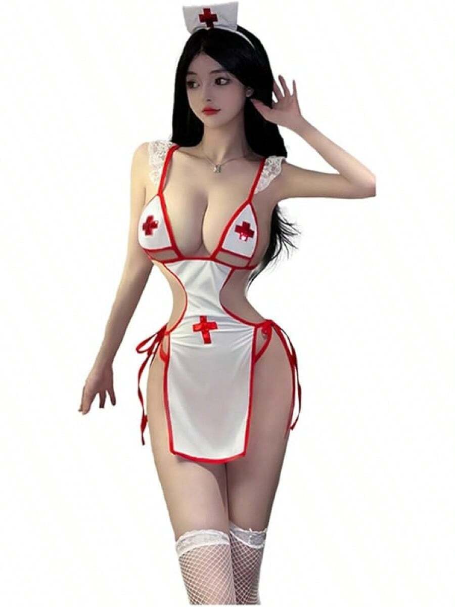 Women's Nurse Cosplay Lingerie Japanese Anime Hollow Female Doctor Bag Buttocks Skirt - 白色 - 查看 1