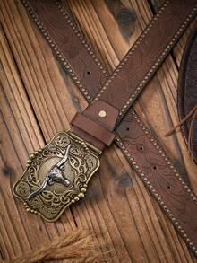 Pasek w stylu kowbojskim w stylu western, 1 szt., materiał PU z nadrukowanym wzorem, odpowiedni dla mężczyzn, kobiet i nastolatków, na co dzień i w stylu retro, pasujący do jeansów - wół - Zobacz 8