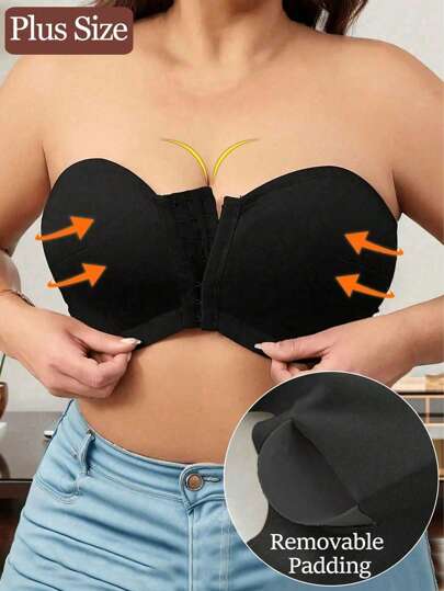 Plus Size Button Front Bra Strapless Bralette Intimates Tube Top Padding Cushion Underwear Bandeau Breathable Bra Non-Slip Front Closure Invisible Bandeau Bra For Easy To Wear Comfort Fit Support Push Up