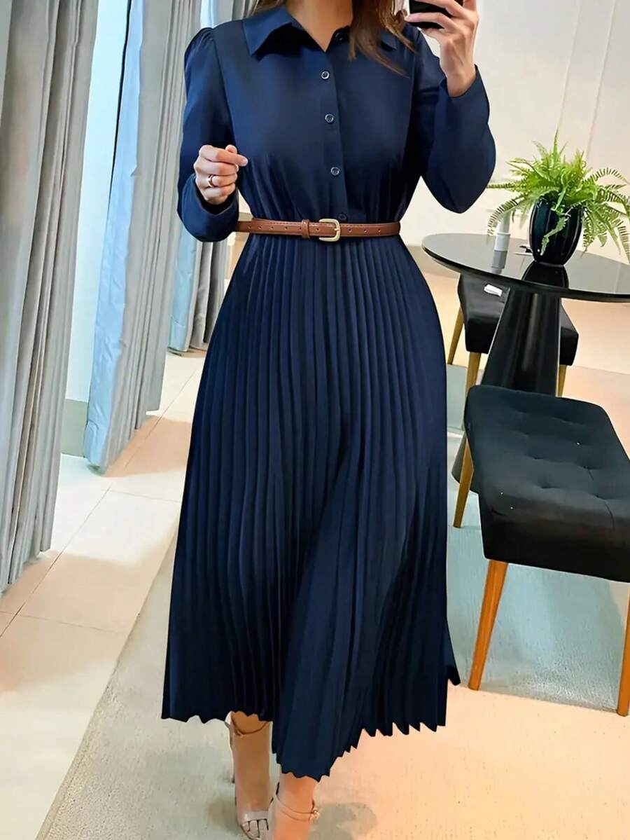 Women's Elegant Pleated Button-Down Long Sleeve Shirt Dress (Belt Not Included), Autumn - Navy Blue - View 1