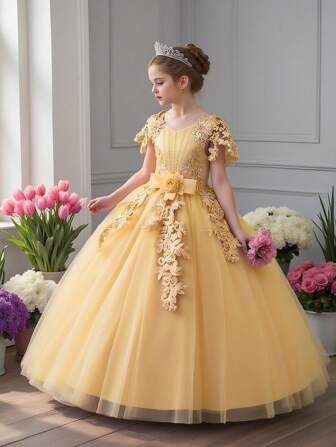 Young Girls' 3D Floral Pearl Decor Tulle Elegant Party Dress, Suitable For Birthday, Dance, No Hair Accessories Included