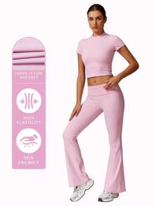 MFVIM Pink Women's 2 Pieces Summer Active Set - High-Waist Micro-Flared Leggings & Fitted Running Tee - Versatile Outdoor Casual Yoga Activewear