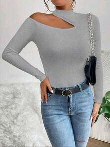 Women's T-Shirt Blouse Suplex Fabric Long Sleeve High Neck Asymmetrical Cut Ideal For Meetings And Casual Use - 灰色 - 查看 2