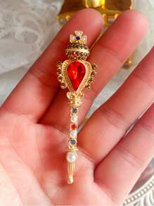 Vintage Baroque Colorful Crystal Pearl Brooch Pin, Gemstone Hollow Geometric Rectangle Brooch, Retro Baroque Crown Red Ruby Crystal Magic Wand Brooch, Fashion