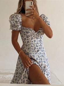 Women's Floral Print Square Neck Dress French Split Hem Dresses Elegant And Sexy - Màu xanh nhạt - Xem 5