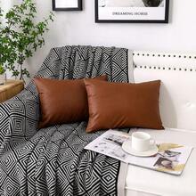 Faux Leather Throw Pillow Covers, 12 X 18 H Set Of 2 Thi Cognac Modern Solid Decorative Pillow Covers For Bedroom Living Room. - Multicolor - View 3