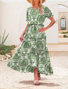 YESNO Summer Casual Bohemian Floral Dresses Women Puff Short Sleeve Long Maxi Dress With Pockets ETX - Royal Blue - View 6