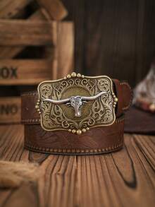 Pasek w stylu kowbojskim w stylu western, 1 szt., materiał PU z nadrukowanym wzorem, odpowiedni dla mężczyzn, kobiet i nastolatków, na co dzień i w stylu retro, pasujący do jeansów - wół - Zobacz 11