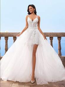 HEARBOBO 细肩带白色蕾丝网眼 A 字形新娘婚纱 - 白色 - 查看 10