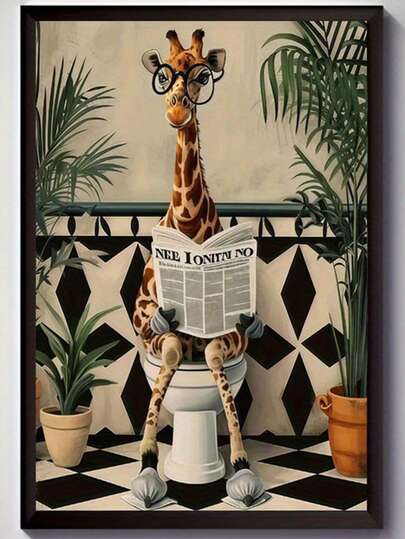 1 件 DIY 钻石画 - 马桶上长颈鹿读报纸，现代幽默艺术，动物艺术品，适合客厅、卧室、办公室 - 独特的礼物创意