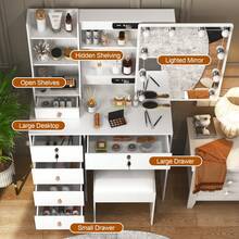 80cm Dressing Table Set With Lighted Mirror, Stool, Drawers, Storage Shelves, White Makeup Vanity Table With 10 LED Bulbs - Adjustable Lighted Modes - Dressing Table Set With LED Sliding Mirror For Girls Bedroom - White - View 9