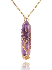Collana di cristallo curativo fai da te fatta a mano con albero della vita, pendente in pietra naturale avvolto in filo, collana con pietra preziosa di quarzo spirituale esagonale, gioielli per donne e uomini.
