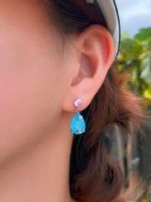 1 Pair Icy Cracked Blue Pink Cubic Zirconia Silver Plated Water Drop Shape Dangle Earrings, Women Cute Costume Jewelry Accessories For Wedding, Party, Prom, Brides, Bridesmaids, Female, Ladies Gift