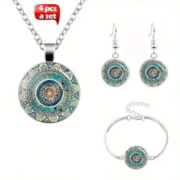 1 Set Mandala Floral Synthetic Gemstone Necklace, Bracelet, Earring Jewelry Set, Vintage Creative Glass Pendant Accessories For Women