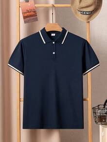 Áo thun polo tay ngắn cổ bẻ kẻ sọc xanh navy cổ điển dành cho bé trai tuổi teen, thích hợp mặc đi học, tụ tập và mặc hàng ngày - Màu xanh hải quân - Xem 2