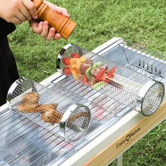 1 pieza Jaula para barbacoa al aire libre, Cubo de barbacoa redondo, Jaula giratoria de acero inoxidable para ahumador de barbacoa al aire libre, Estufa de barbacoa portátil giratoria