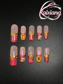 Set da 10 pezzi, unghie finte quadrate da 3,3 cm, realizzate a mano. Decorate con stelle dipinte a mano, perline d'acciaio, punte francesi rosa, sfumatura rosa-giallo, punte francesi gialle, motivi intagliati e piccoli cristalli. Adatte per feste, combinano fascino e personalizzazione. Accessori per unghie