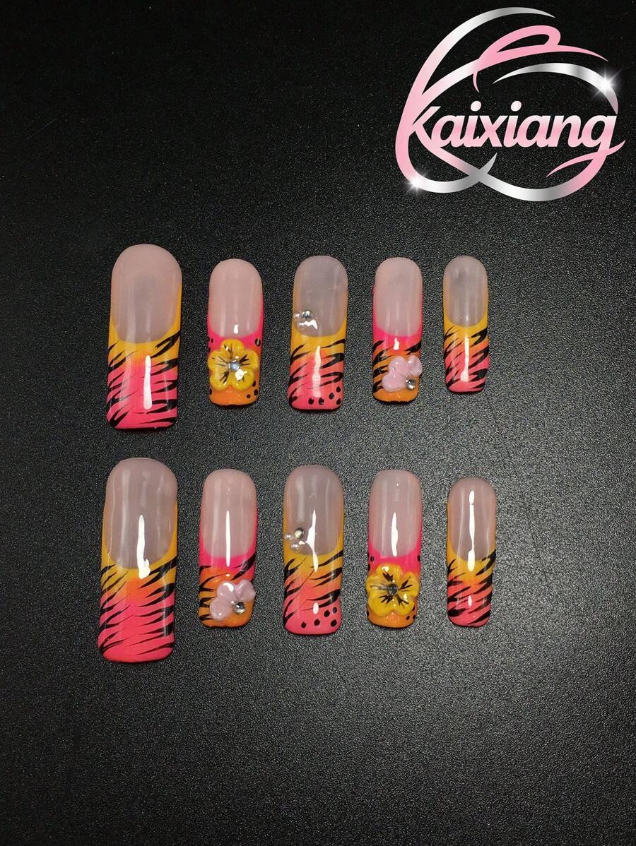Set da 10 pezzi, unghie finte quadrate da 3,3 cm, realizzate a mano. Decorate con stelle dipinte a mano, perline d'acciaio, punte francesi rosa, sfumatura rosa-giallo, punte francesi gialle, motivi intagliati e piccoli cristalli. Adatte per feste, combinano fascino e personalizzazione. Accessori per unghie