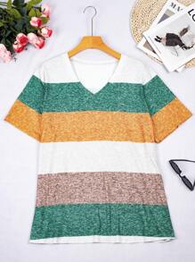 Camiseta casual de talla grande para mujer con cuello en V a rayas